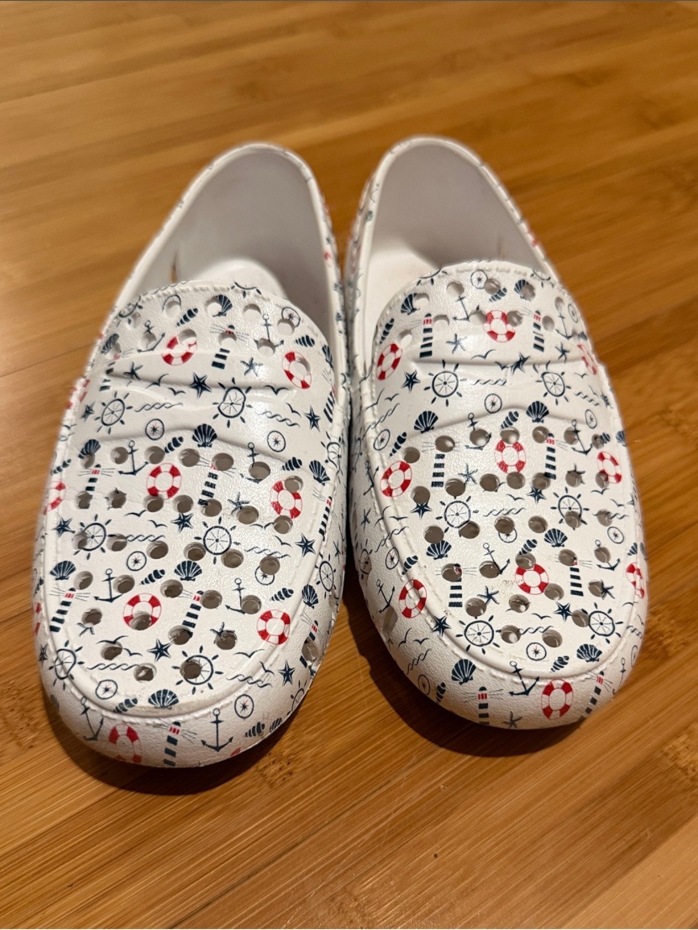 Kids Nautical Moccasin Slip-Ons - White with Red & Navy Accents